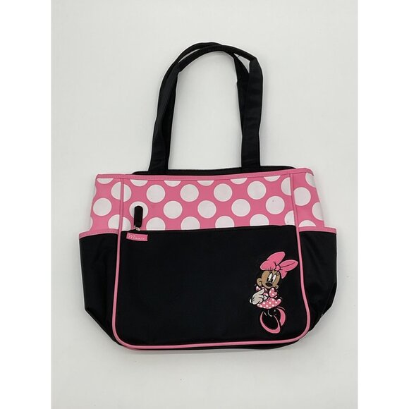 Disney Minnie Mouse Pink & Black Polka Dot Tote Bag Zipper Closure Side Pockets - Picture 1 of 7